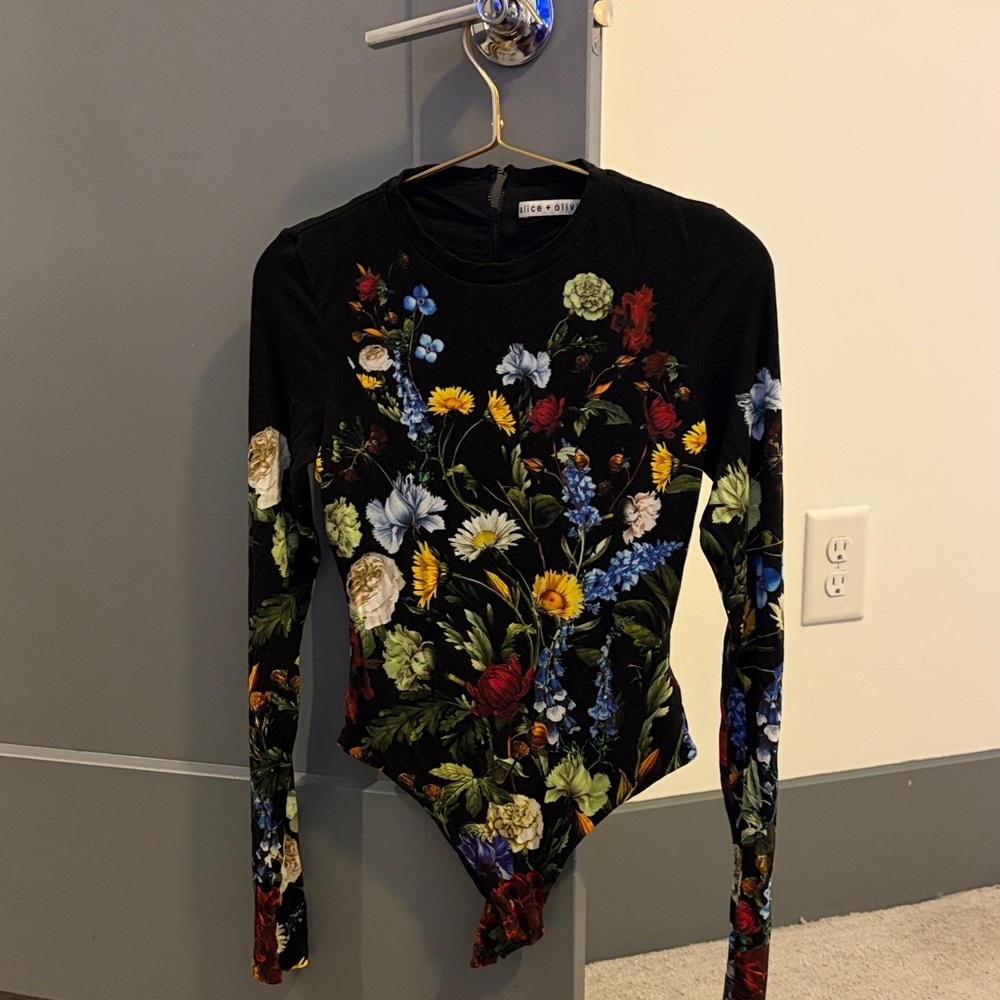 Alice + Olivia Black Multicolor Floral Bodysuit